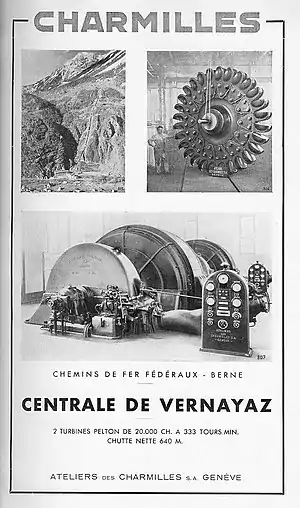 Pelton-Turbine in einem Inserat der Ateliers des Charmilles SA