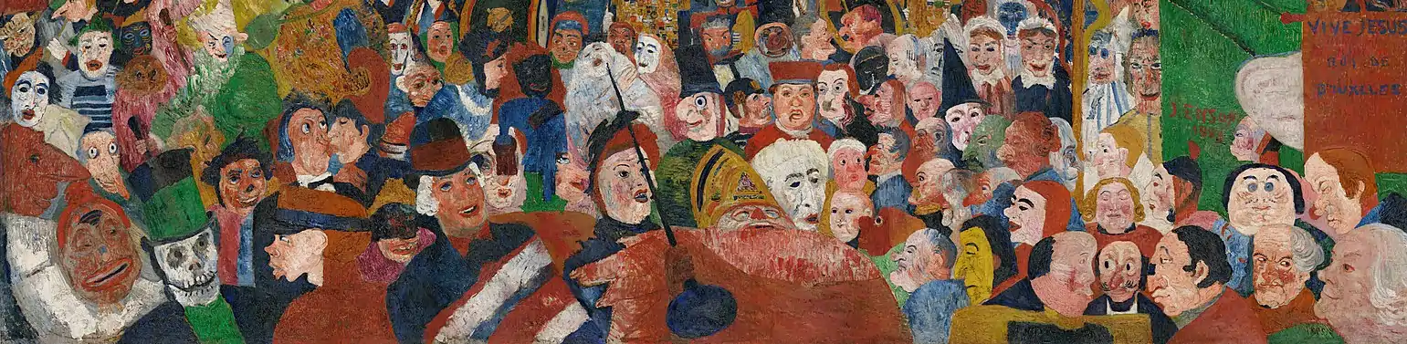 Ausschnitt des Gemäldes „Der Einzug Christi in Brüssel“. Zu sehen sind die Personen am unteren Rand des Bildes in voller Breite bis vor den Spielmannszug. Ausgewählte Personen werden im Text beschrieben.