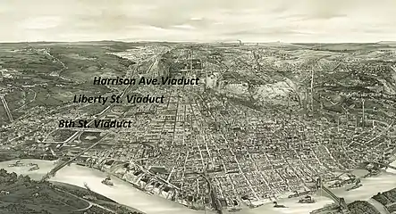 Erste Viadukte über das Tal des Mill Creek (links, Liberty St. 1891, 8th Street 1893, Harrison Ave. 1908)