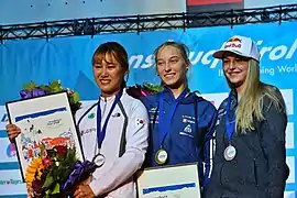 Gewinner bei den Frauen (v. l. n. r. Sa, Garnbret, Pilz)