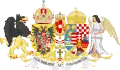 Großes Wappen Österreich-Ungarns nach 1914 mit der Collane des Ordens vom Goldenen Vlies um das Hauswappen von Habsburg-Lothringen und den Ordensbändern des Militär-Maria-Theresien-Ordens, des k.u. Sankt Stephans-Ordens und des Leopold-Ordens
