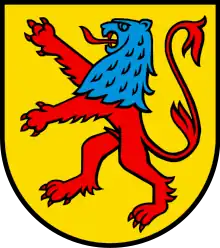 Steigender roter Löwe mit blauem Kopf (Reinach AG)