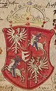 Wappen des Königliche Republik der Polnischen Krone und des Großfürstentums Litauen mit Vytis (Waykimas), verziert mit den Säulen von Gediminas, verwendet während der Regierungszeit von Großherzog Stephen Báthory