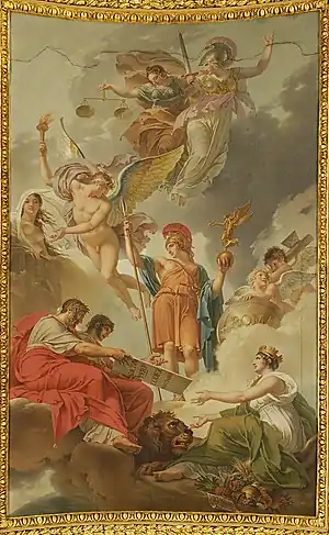 Die Welt empfängt von den Kaisern Hadrian und Justinian die von Natur, Gerechtigkeit und Weisheit diktierten Gesetze

(Französisch: La Terre recevant des empereurs Adrien et Justinien le code des lois romaines dictées par la Nature, la Justice et la Sagesse) (Charles Meynier)