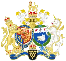 Kombinierte Wappen von Charles und Camilla anlässlich ihrer Hochzeit (in der Form gültig 2011–2022, da es den Schild ihres Gatten als Prince of Wales zeigt, und unten den Schild des Duchy of Cornwall)