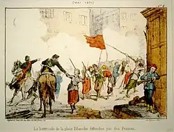 La barricade de la place Blanche défendue par des femmes, Lithografie von Hector Moloch. Musée Carnavalet