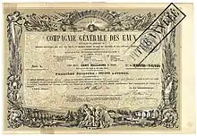 Gründungszertifikat der Compagnie Générale des Eaux (CGE) über 5 Aktien zu je 125 Francs, datiert in Paris am 16. August 1853, eigenhändig unterschrieben von Barthélemy Prosper Enfantin als leitender Direktor. Die Gründung der CGE, der Keimzelle von Vivendi, geht auf die sozialistische Ideen des Saint-Simonisten Enfantin.