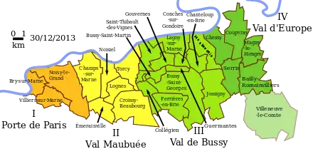 Diese Karte zeigt die vier Sektoren von Marne-la-Vallée