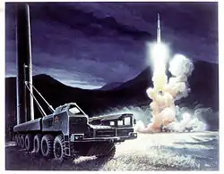 Künstlerische Darstellung eines MAZ-7912 mit Rakete in Abschussposition