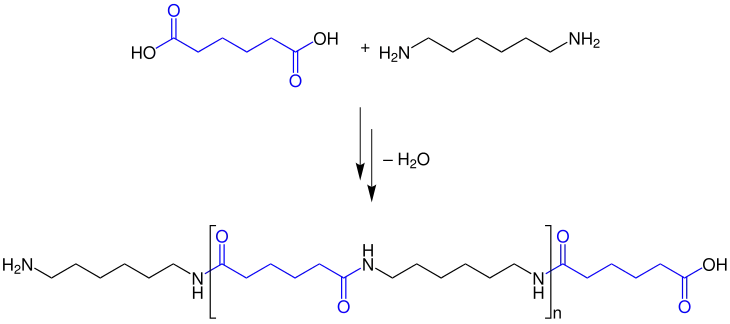 Polykondensationsreaktion von Adipinsäure mit HMDA (Hexamethylendiamin) zu Nylon 6,6
