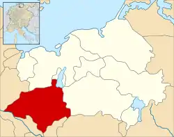 Lage der Grafschaft Schwerin (rot) in Nordostdeutschland um 1250
