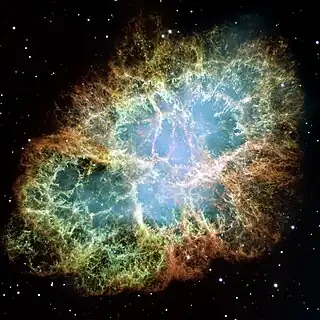 Die Aufnahme unter Verwendung von schmalbandigen Filter für die Strahlung von ionisiertem Sauerstoff und Schwefel zeigt die Filamente. Hubble-Weltraumteleskop, 2005