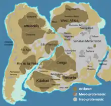 Karte Westgondwanas  mit afrikanischen und südamerikanischen Kratonen und Orogenen