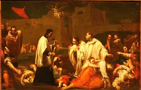 Giuseppe Maria CrespiBernardo Tolomei unter den Opfern der schwarzen Pest in Siena in 1348 (um 1735).