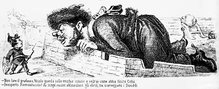 Als harmlos getarnter russischer Riese, das kleine Piemont steht vor seiner Festung. Italienische Karikatur, Francesco Redenti, März 1855(Bildtext C)