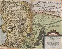 Kroatien nach einer teilweisen Eroberung des späteren Türkisch-Kroatien. Dargestellt ist Bihać (Wÿhitz) in Türkisch-Kroatien als osmanische Grenzstadt (Cornelis de Jode, 1593).