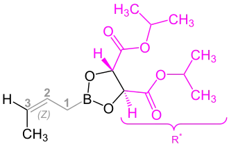Strukturformel eines Crotylboronates im violett markiertem chiralen Rest und grau markierter Allyl-Gruppe