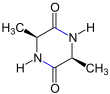 Cyclisches Dipeptid Ala-Ala, ein Diketopiperazin, aufgebaut aus zwei Molekülen Alanin