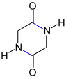 Cyclisches Dipeptid Gly-Gly, das einfachste Diketopiperazin, aufgebaut aus zwei Molekülen Glycin
