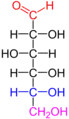 D-Glucose in der Fischer-Projektion.Rot: Gruppe mit höchster Priorität,blau: Zur Bestimmung von D-/L- maßgebliche Gruppe,violett: Gruppe mit achiralem C-Atom