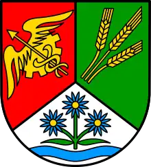 Einheitsgemeinde Sülzetal: rechts ein Zahnrad halb überdeckt von schrägrechts gestelltem gespitztem, geflügeltem Merkurstab in Gold