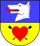 Das Wappen von Dollerup mit dem selteneren Zeichen, bestehend aus Herz und Pfeilen, für die Husbyharde