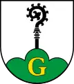 GundelshausenIn Silber (weiß) aus einem grünen, mit goldenem (gelbem) lateinischen Großbuchstaben G belegten Dreiberg wachsend ein schwarzer Abtsstab.