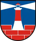 in Blau rotgemauert mit silbernen Fugen (Heroldsbild) und aufgestelltem Leuchtturm (Sassnitz)