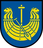 Ein in zwei abgewendeten Löwenköpfen endendes goldenes Schiff mit goldenem Mast (Untermünkheim)