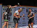 Sektdusche bei einer Siegerehrung im Radsport (Bensheim, 28. Juni 2015)