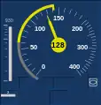 Tachoscheibe während einer Bremsung innerhalb der Bremskurve (Target Speed Monitoring). Die Zielgeschwindigkeit, die in 930 m erreicht sein muss, beträgt 60 km/h.