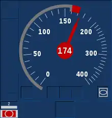 Tachoscheibe bei Überschreitung der Eingriffsgeschwindigkeit (174 statt zulässiger 160 km/h). Ein Zwangsbremsein­griff ist erfolgt.