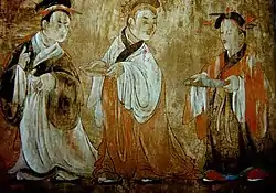 Wandmalereien aus dem Dahuting Grab: Frauen (links) und Kinder (rechts), vielleicht Hof Begleiterinnen, gekleidet in Hanfu Seide, die inländische Waren halten