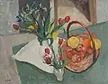Stillleben mit Iris und Obstkorb