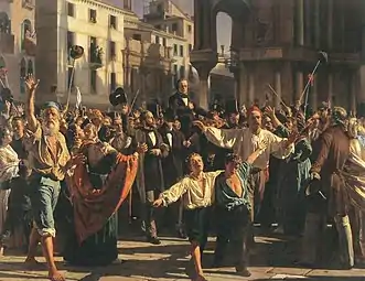 „Daniele Manin e Nicolò Tommaseo liberati dal carcere e portati in trionfo in Piazza San Marco“ (‚Daniele Manin und Nicolò Tommaseo aus dem Gefängnis befreit und im Triumph auf den Markusplatz gebracht‘; Gemälde von Napoleone Nani (1841–1899), ca. 1876, Fondazione Querini Stampalia)