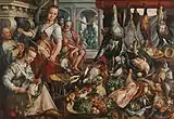 Joachim BeuckelaerKüchenstück mit der Szene Jesus im Haus von Maria und Martha im Hintergrund, 1566, Öl auf Holz, 171 × 250 cm, Rijksmuseum, Amsterdam