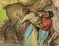 Zwei Wäscherinnen und Pferde (um 1902), Kohle und Pastell auf Papier, 84 × 107 cm