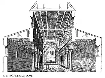 Rekonstruktion des romanischen Kirchenraums des Konstanzer Münsters (Dehio/Bezold, Kirchliche Baukunst des Abendlandes, 1887)