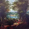 Landschaft mit Wasserbucht und Jagdszene