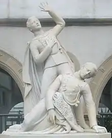 Denkmal für Erich und Axel von Taube, die gemeinsam am 2. Dezember 1870 in der Schlacht bei Champigny-Villiers fielen, Carrara-Marmor, 1871–1875, Pleidelsheim, vor dem Alten Rathaus
