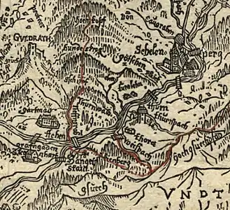 Johann Faistenauer (1577/78–1643): Das Landt und Fürstliche Stifft Berchtolsgaden (1626)Kartenausschnitt: Rote Linie =  Grenzverlauf  Fürstpropstei Berchtesgaden – Fürsterzbistum Salzburg, halblinks unten der „Hanget Stain“, links oben der Berg „Gvedrath“ mit Burgruine Gutrat