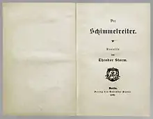 Titelblatt der Erstausgabe von Theodor Storm: Der Schimmelreiter, 1888, mit Siegel des Gebrüder Paetel Verlags