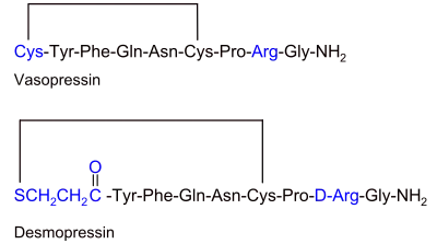 Primärstruktur von Vasopressin und Desmopressin.