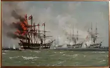 Das österreichische Flaggschiff Schwarzenberg brennt (Gemälde von Johan Carl Neumann)