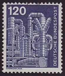 Blaue 120-Pfennig-Briefmarke, auf der in weiß eine inzwischen stillgelegte Anlage der BASF zur Styrolherstellung zu sehen ist.