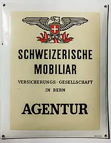 Agenturschild der Schweizerischen Mobiliar aus den 1940er Jahren