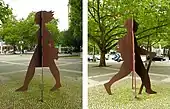 Zwei Ansichten der Stahlskulptur Die Wanderer von Michael Otto