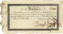 Aktie der Société d’exploitation du Diorama de Paris über 1000 Francs, ausgegeben am 3. August 1822, im Original unterschrieben von den beiden Erfindern und Gründungsvorständen Charles Marie Bouton und Louis Daguerre. Der Inhaber der Aktie hatte das Recht auf den zweihundertfünfzigsten Anteil der Nettogewinne ab der Eröffnung des Dioramas am 11. Juli 1822.
