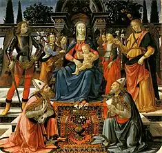 Linkes Bild: Domenico Ghirlandaio: Thronende Madonna mit Kind und Heiligen, ca. 1483Rechtes Bild: Anatolischer „Ghirlandaio“-Teppich, spätes 17. Jh.