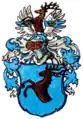 Gemehrtes Wappen der Grafen von Drechsel-Deuffstetten (Bayern), der Hirsch der Helmzier wachsend zwischen einem offenen Flug, der beidseitig je einem Posthorn belegt ist